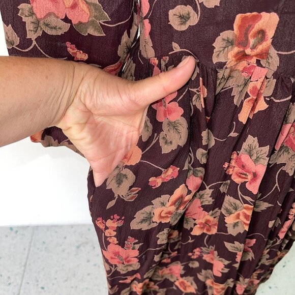 Pier 1 Passports Vintage Maxi Dress Size Medium Floral Brown Botanical Button Up - Picture 5 of 15